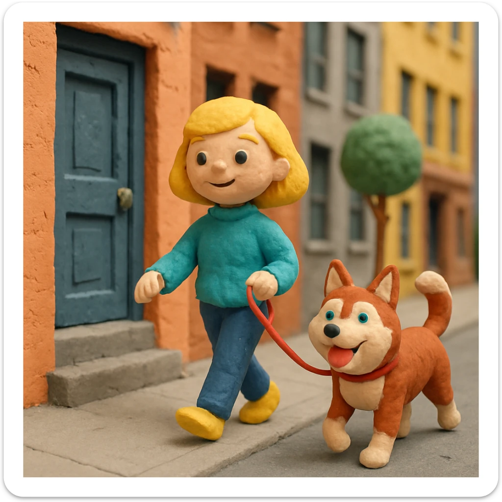 Cute Blonde woman wearing a sweater walking a happy red-brown blue-eyed Siberian husky in New York City on an upper east side city sidewalk  sticker