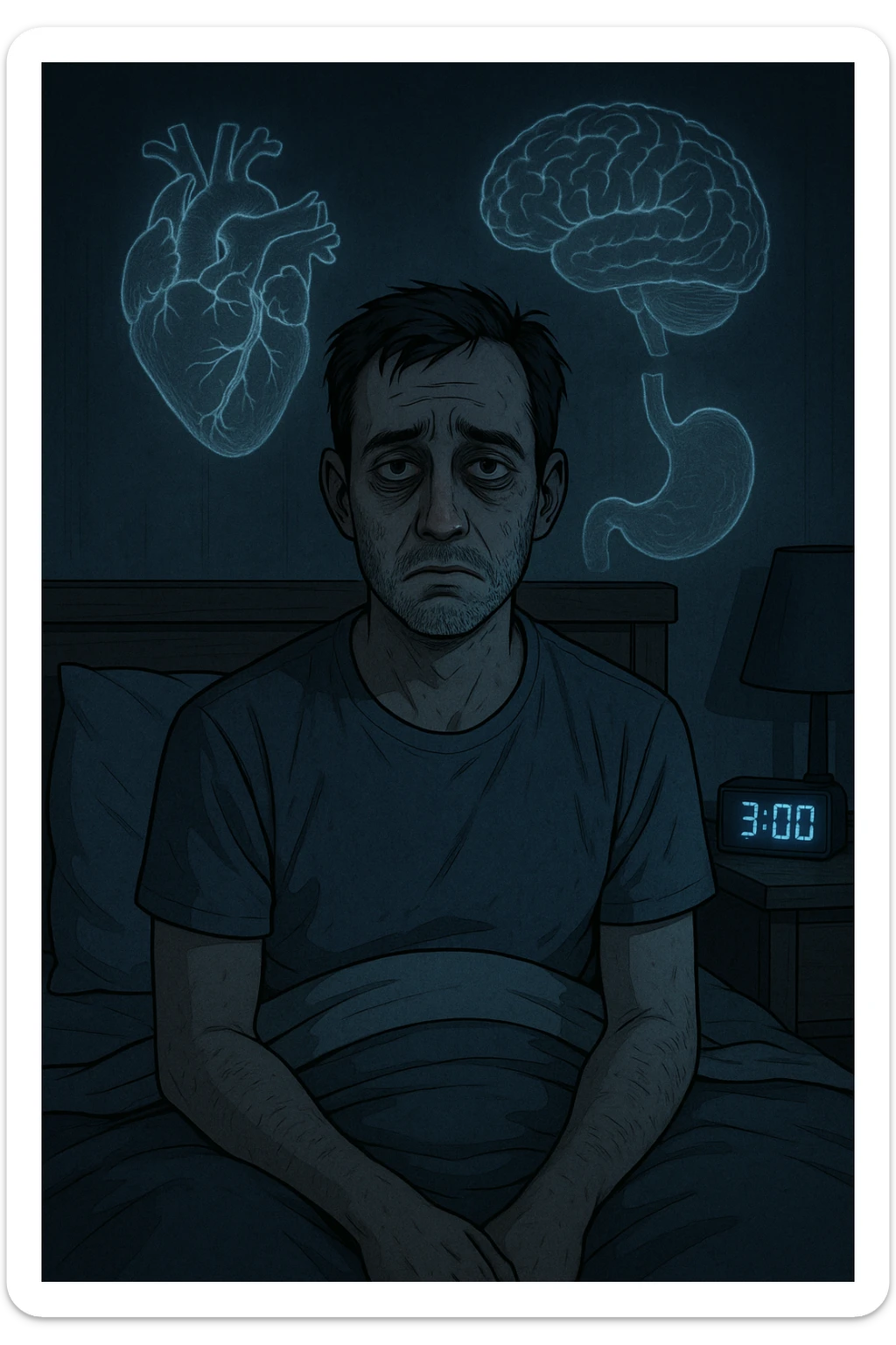 a man sits awake in bed in the middle of the night, dark circles under his eyes and a tired, anxious expression. The room is dimly lit by the blue glow of a phone or digital clock showing 3:00 AM. Around him, faint ghostly overlays of anatomical drawings highlight affected organs—heart, brain, and stomach—symbolizing the physical harm caused by disrupted sleep. sticker