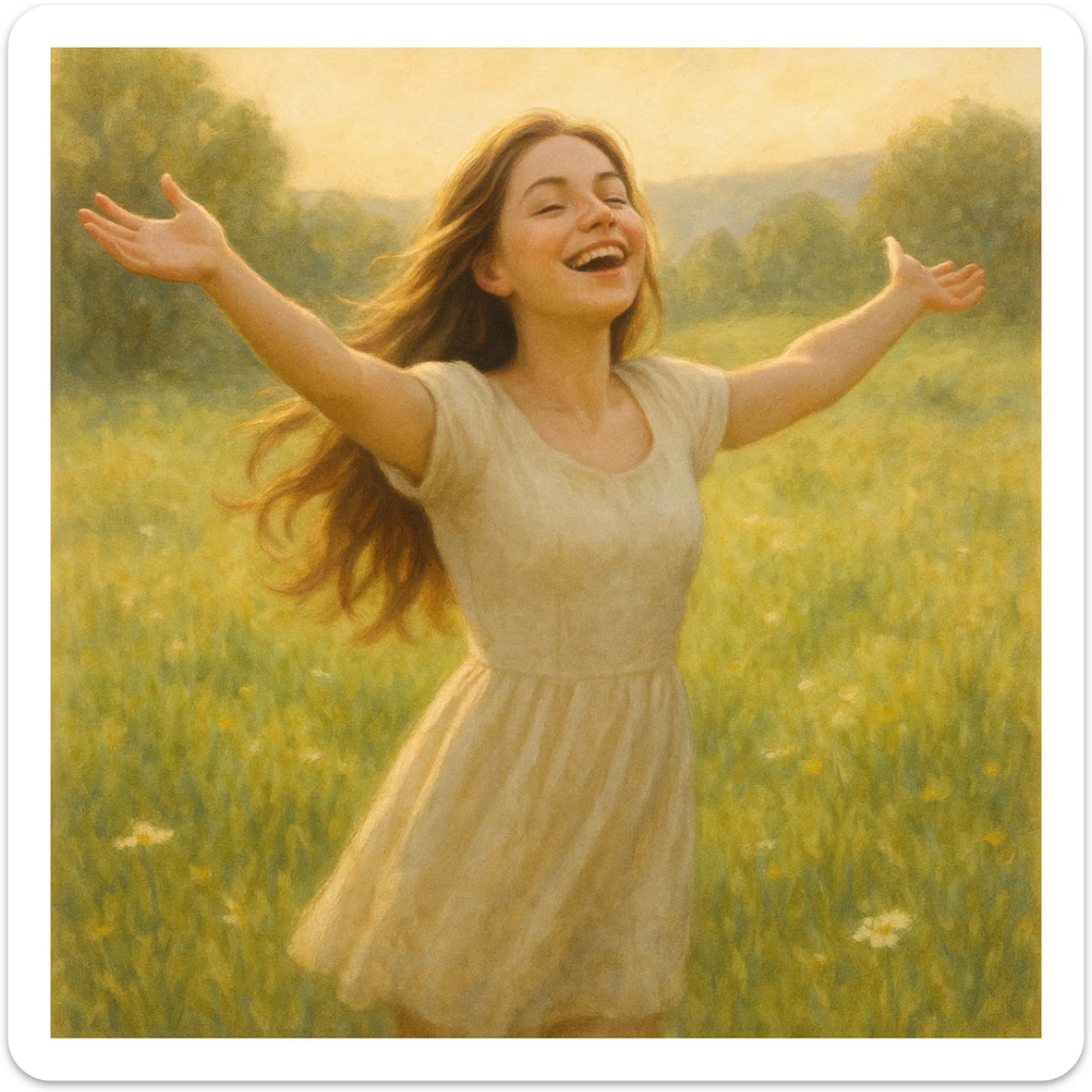 A joyful young woman with long hair, arms outstretched, standing in a sunlit meadow, expressing freedom and happiness, soft realistic illustration style sticker