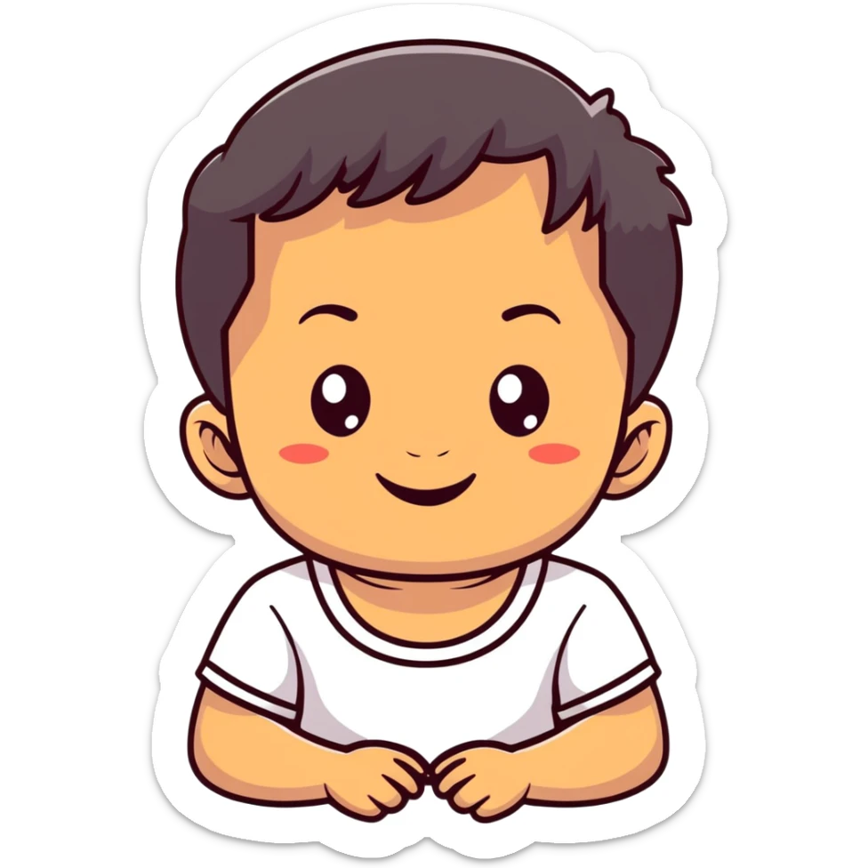 close-up of round smiling toddler face only with big eyes, medium skin tone, dark wavy hair, no neck visible, just the face sticker