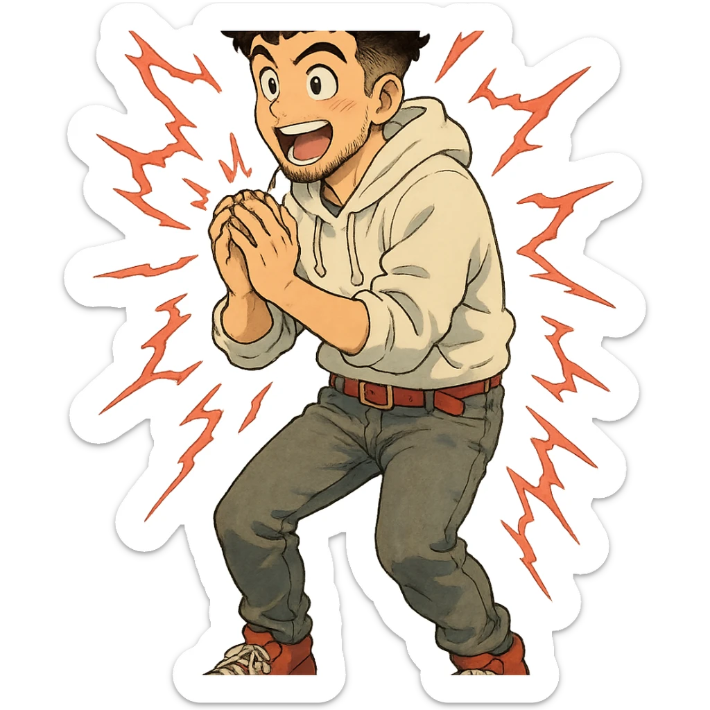 1 male, mid fade haircut dark chestnut brown curly hair, toasted lightskin, white hoodie sleeves up, gray fashion jeans, red fashion-sneakers shoes, red belt, short trimmed beard and goatee,  style of deku from "my hero academia",  doing a "i adore that!" exclaimation pose with red electricity sticker
