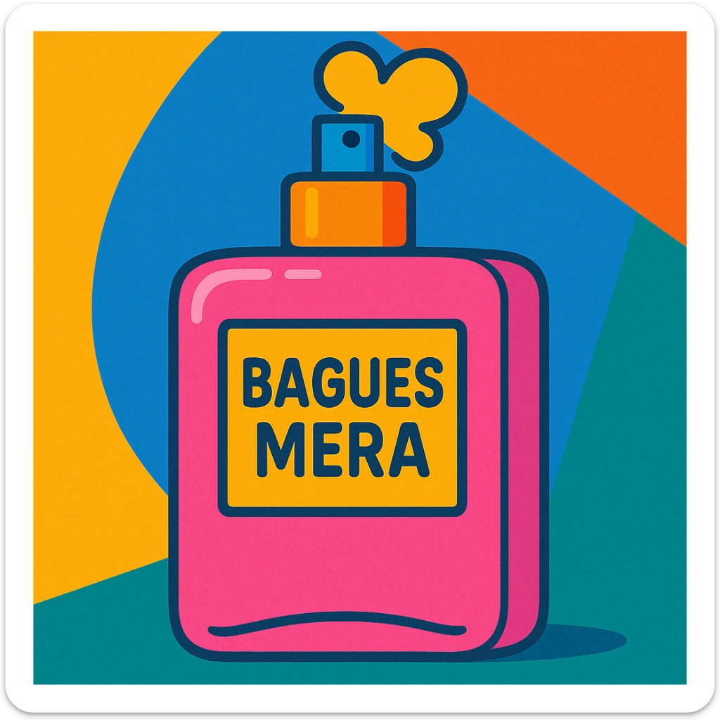 pink perfume bottle with the brand 'bagues mera', vibrant and youthful illustration style sticker