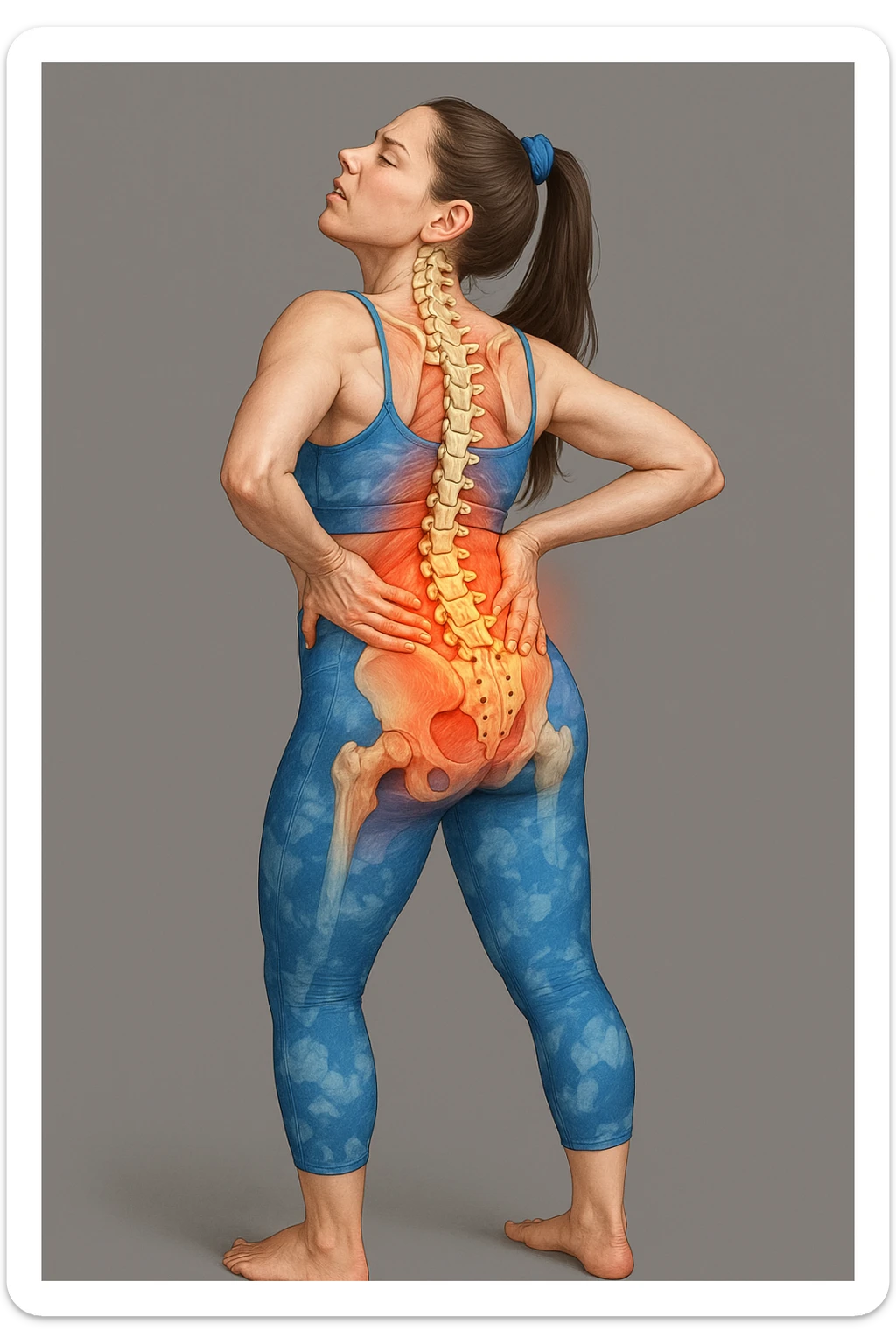 Realistic anatomical illustration of a woman in sportswear inspired by the reference photo, slightly bending backward holding the back due to pain, with highlighted muscles and vertebrae involved, neutral background. sticker