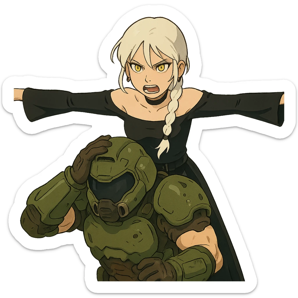  young woman with gold yellow eyes, white hair, long braid, black off-shoulder top, punk gothic style, futuristic cyberwave cyberpunk,, she is aggresively t-posing over a cowering doomguy sticker