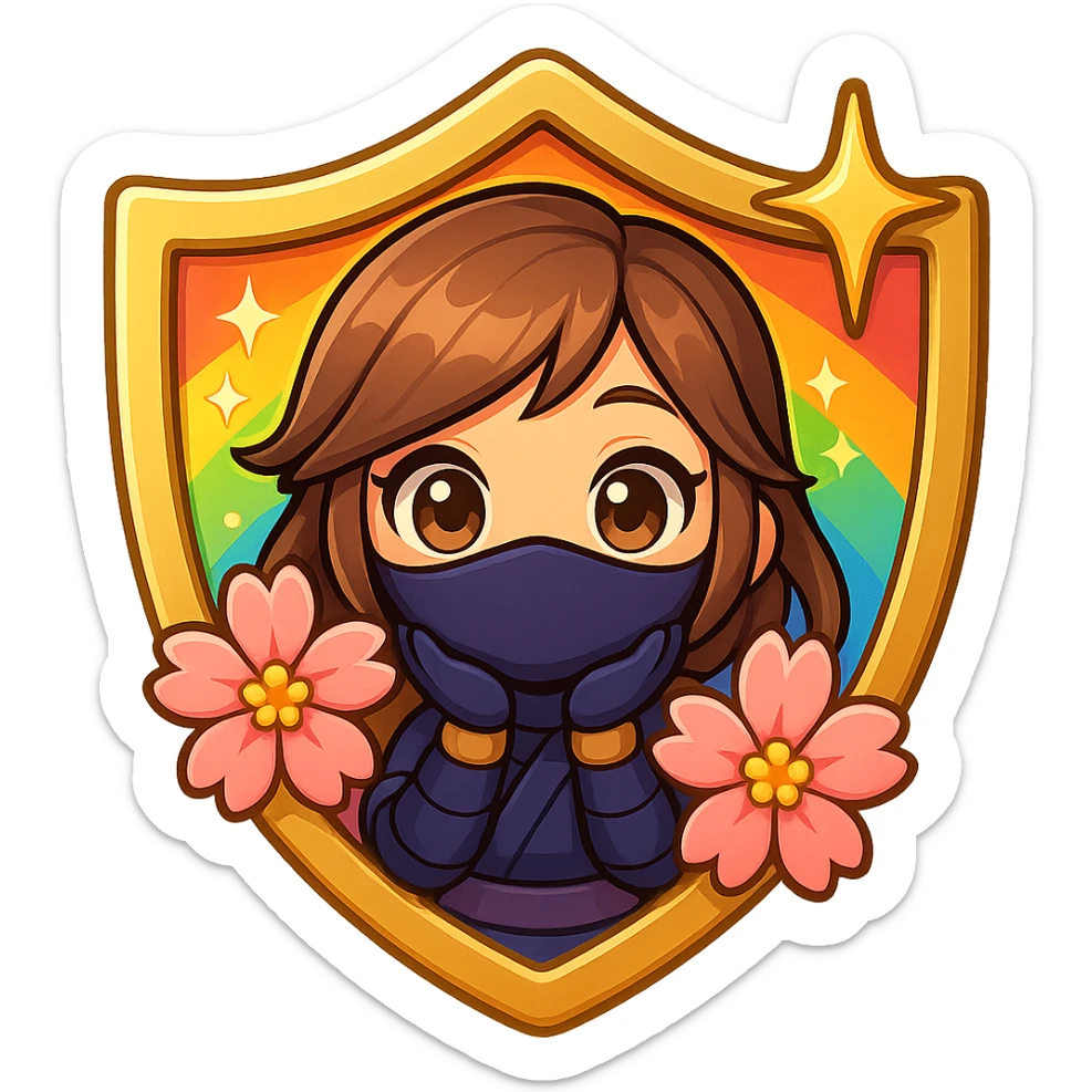 Edit the badge to have a radiant rainbow gradient color with gold trim for the Champion rank, keeping the same design of a chibi ninja girl, sakura flowers, sparkly effects, and badge shape. Maintain transparent background, sized for Twitch or Discord use. sticker