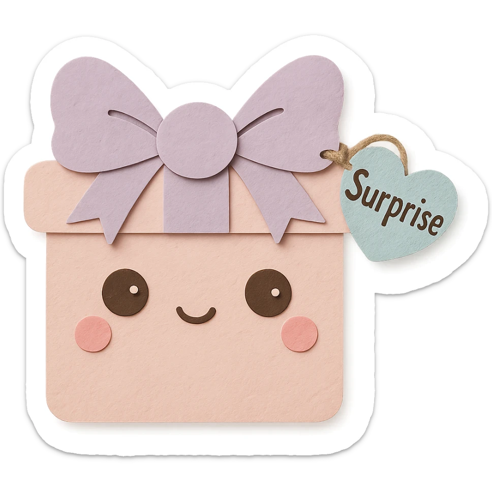 Recreate the blue heart-tagged pink gift in a paper craft style, with the name 'Surprise' on the tag, no background. sticker