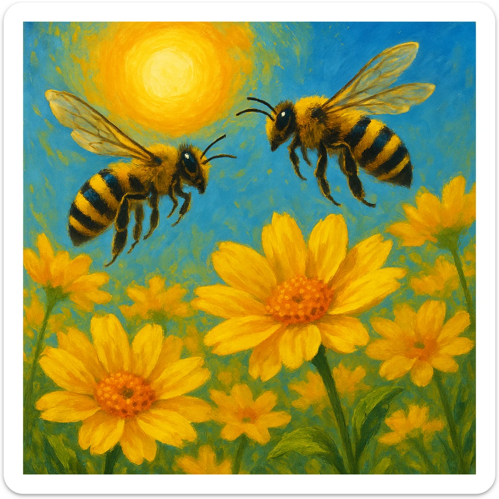 Two bees flying over yellow flowers with a sun in the background, vibrant yellow flowers and bright sun, black and yellow bees, variation 4 sticker