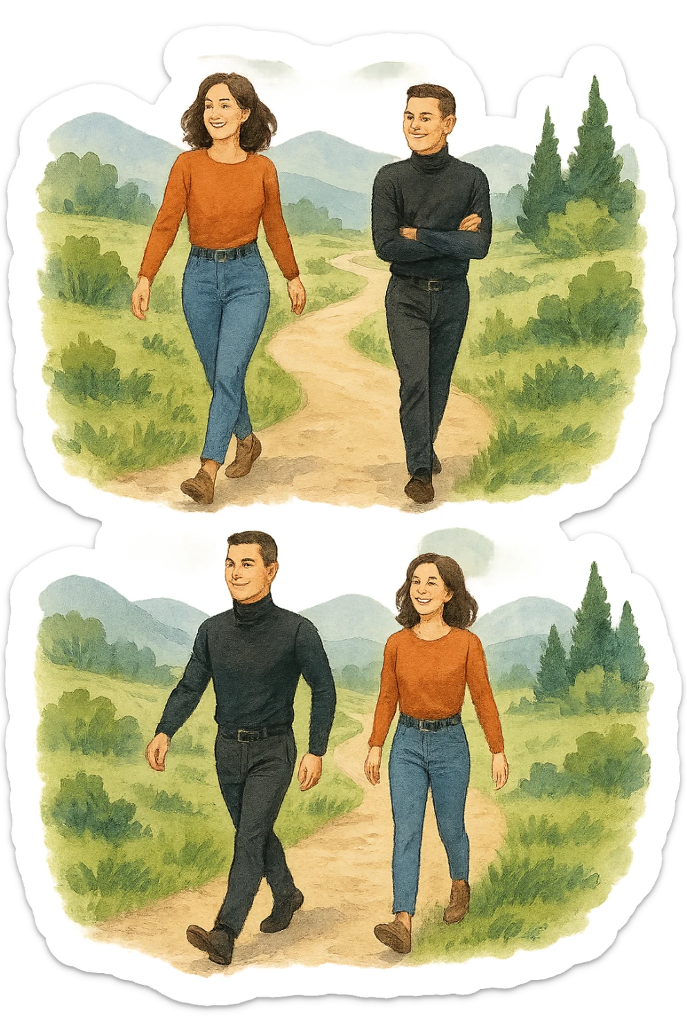 a man and a woman walk together along a winding path in a natural landscape. In one version, the woman leads confidently while the man follows a few steps behind, looking at lei con ammirazione. In un’altra versione, i ruoli sono invertiti, con l’uomo che guida e la donna che lo segue sorridendo. La scena trasmette l’idea che entrambi possano guidare o seguire, a seconda del momento. sticker