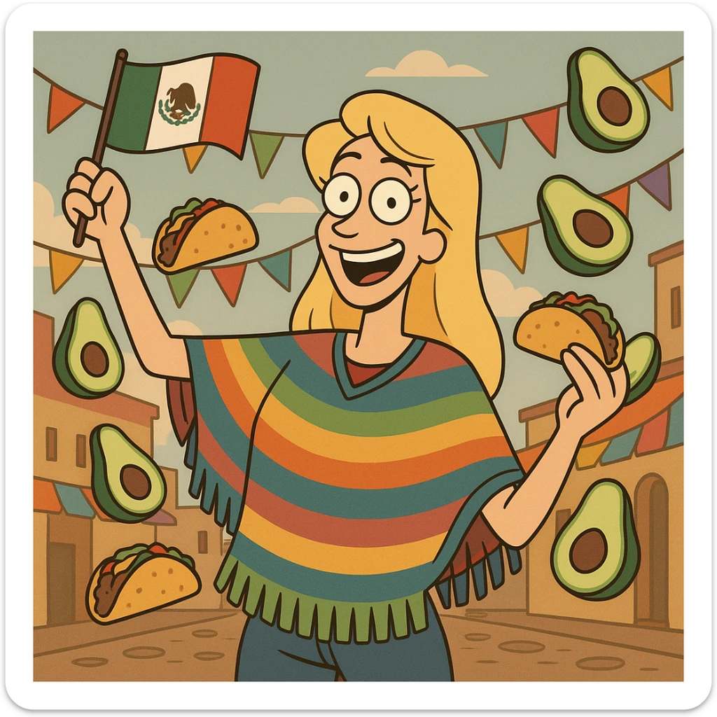 playful cartoon of a tall blonde woman wearing a colorful poncho, smiling, holding a taco and an avocado, waving a Mexico flag, surrounded by tacos and avocados, street party scene sticker