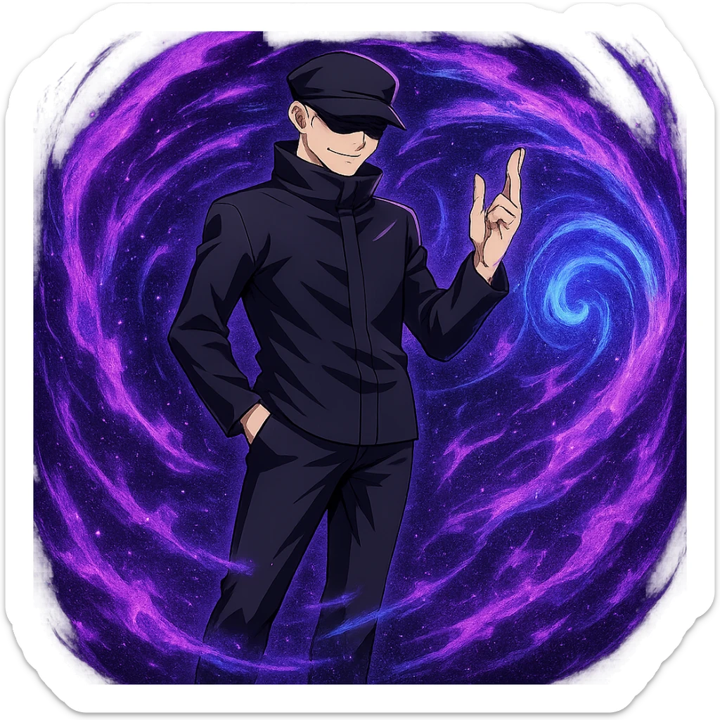 Add Hollow Purple effect with swirling purple and blue energy around Gojo Satoru, keeping his confident pose, in anime style, no background. sticker