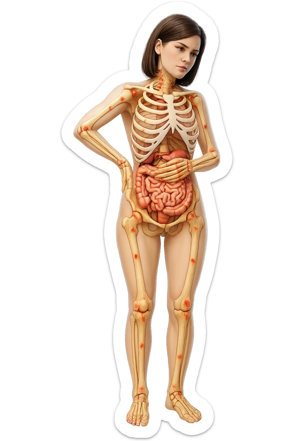 donna realistica a figura intera con red spot sparsi alle ossa, ossa del corpo visibili sul corpo, non sul volto iperrealistico 4k sticker