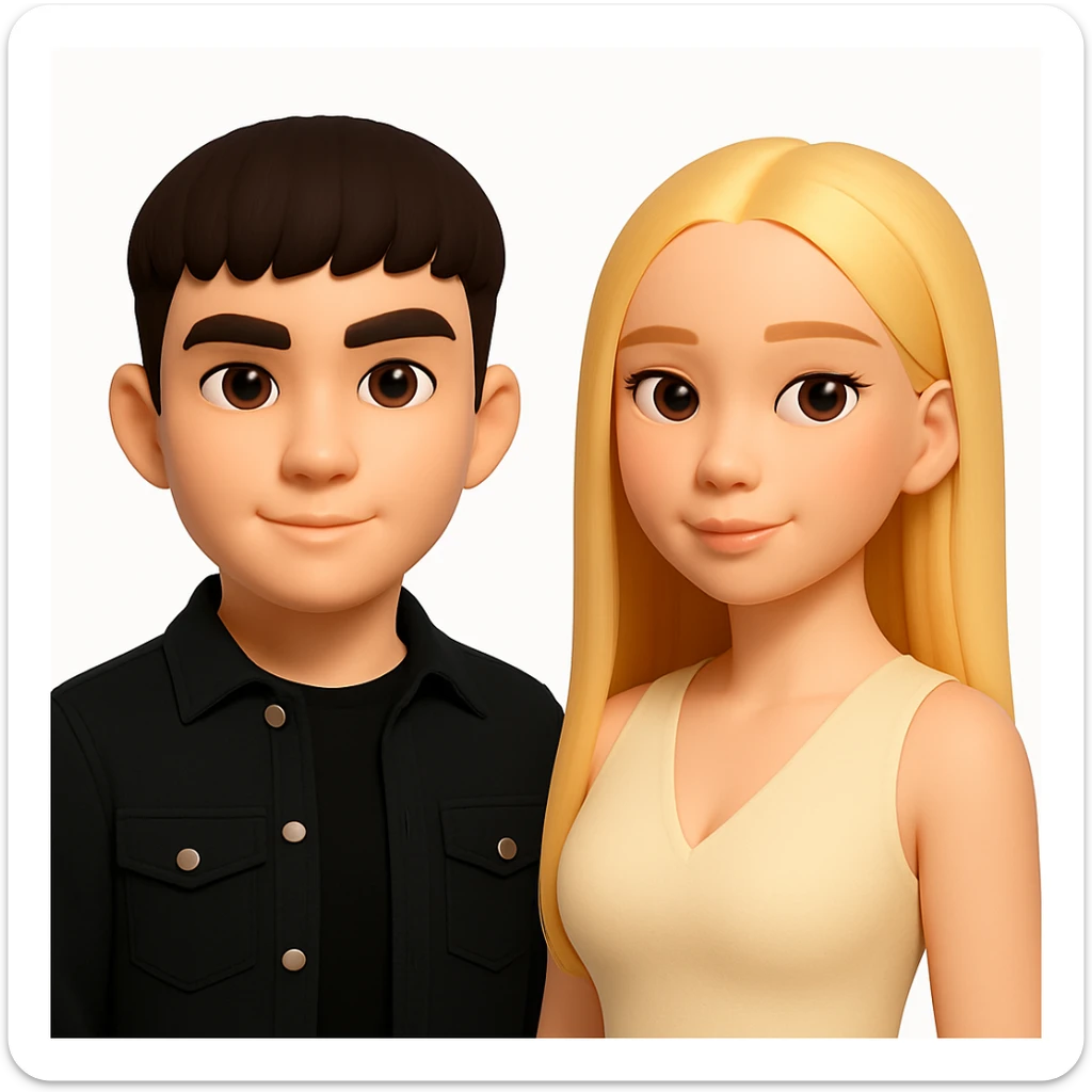 Slightly increase the volume of the upper body of the girl, separate the girl and the boy from each other, make the skin color the same for both characters, keep the cartoon style, white background. sticker