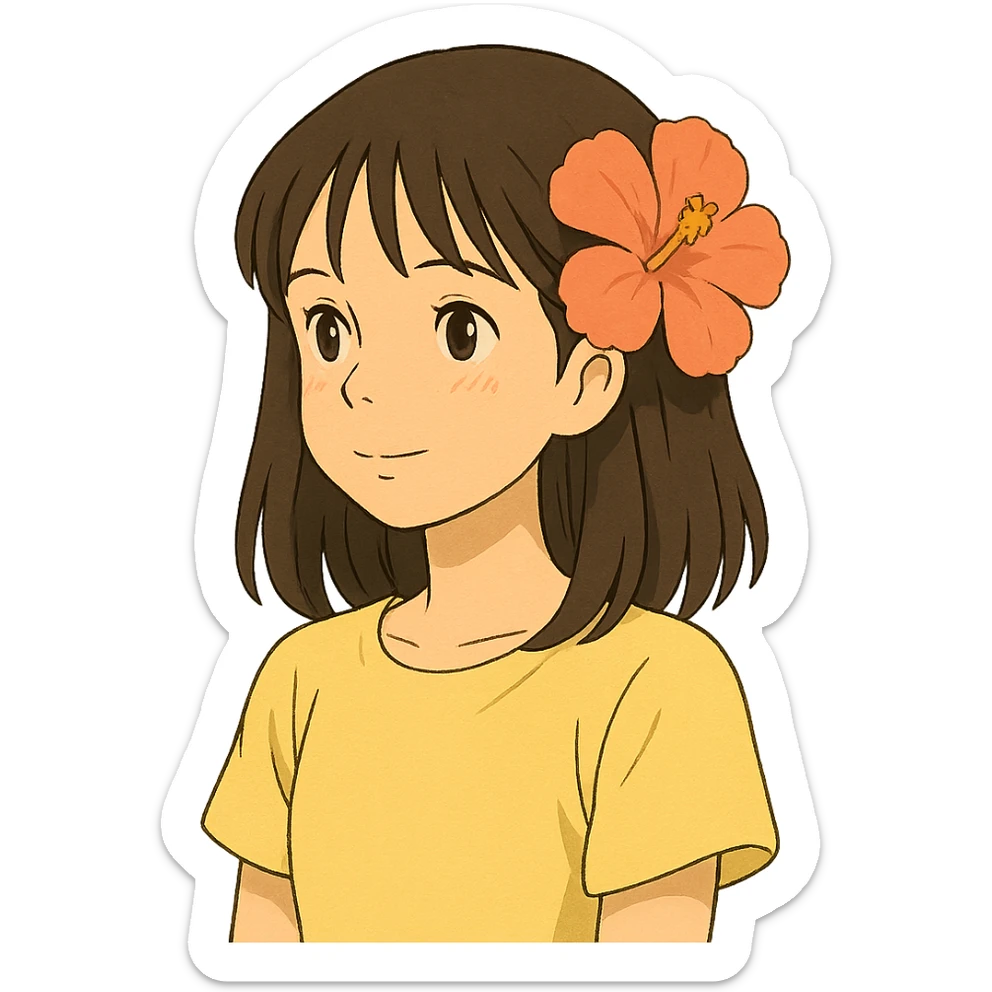 ghibli style girl with straight hair, flower in hair, summer theme sticker
