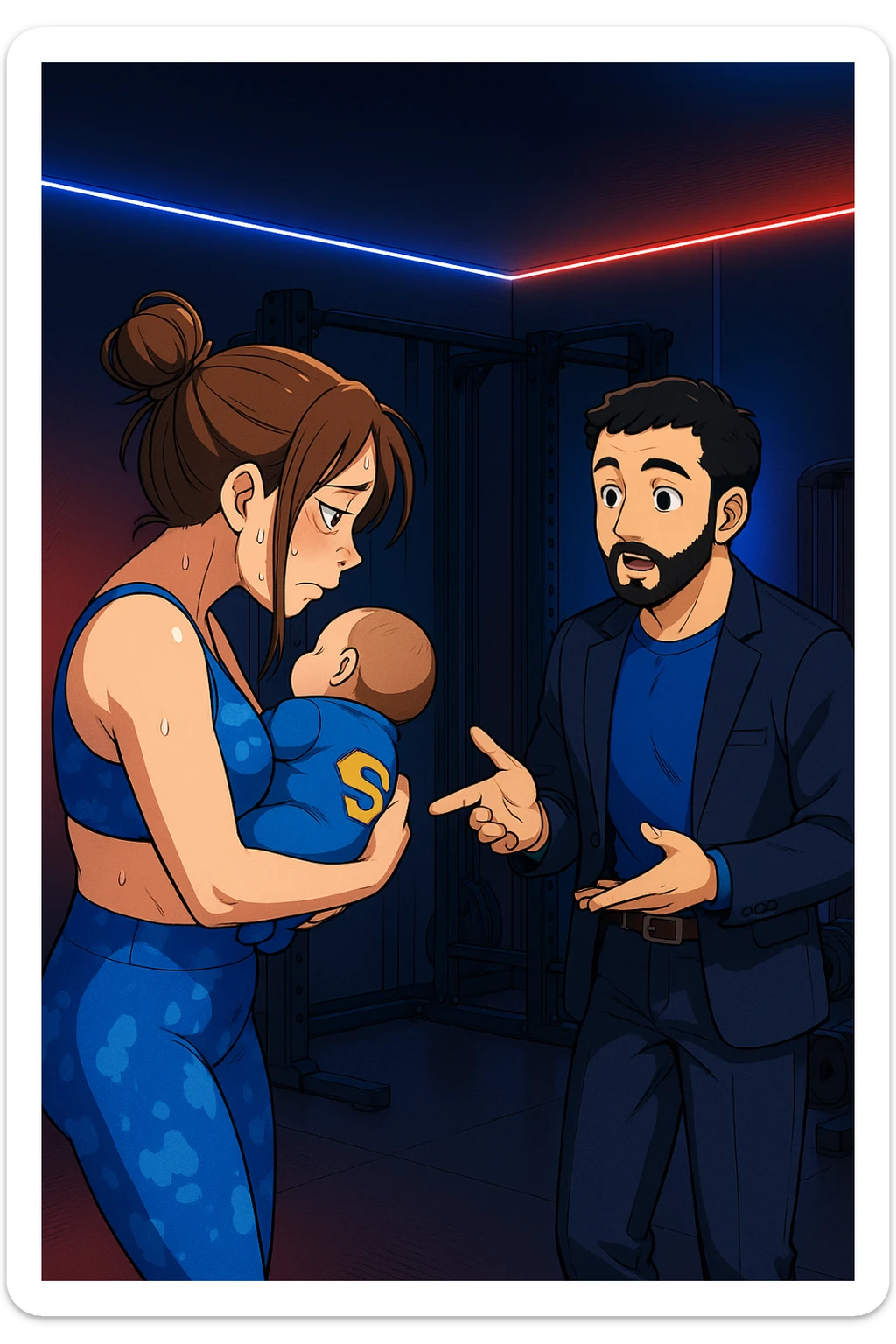 ispirati a questo stile di disegno e fai questa immagine in versione manga/webtoon a colori, il manga mostra la donna preoccupata di profilo con la postura sbagliata e incurvata, spalle chiuse e curve in avanti, con un neonato in braccio con una tutina azzurra e la scritta "S" sulla schiena, spina dorsale storta della donna in evidenza mentre ascolta l'uomo mentre l'uomo gli sta spiegando una cosa, ma non fare i fumetti, fai come se stessero parlando sticker