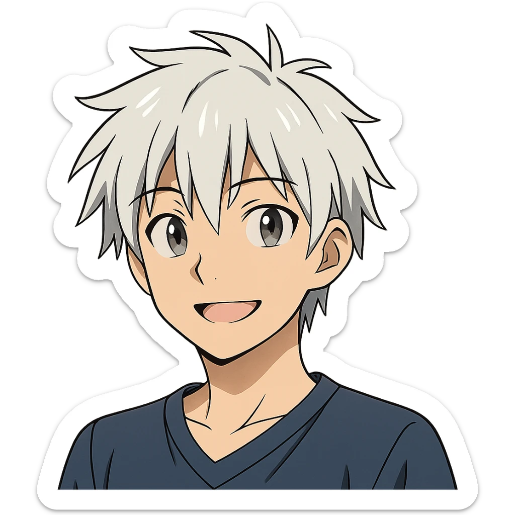 young male anime character with silver hair, friendly smile, classic anime aesthetic, no background sticker