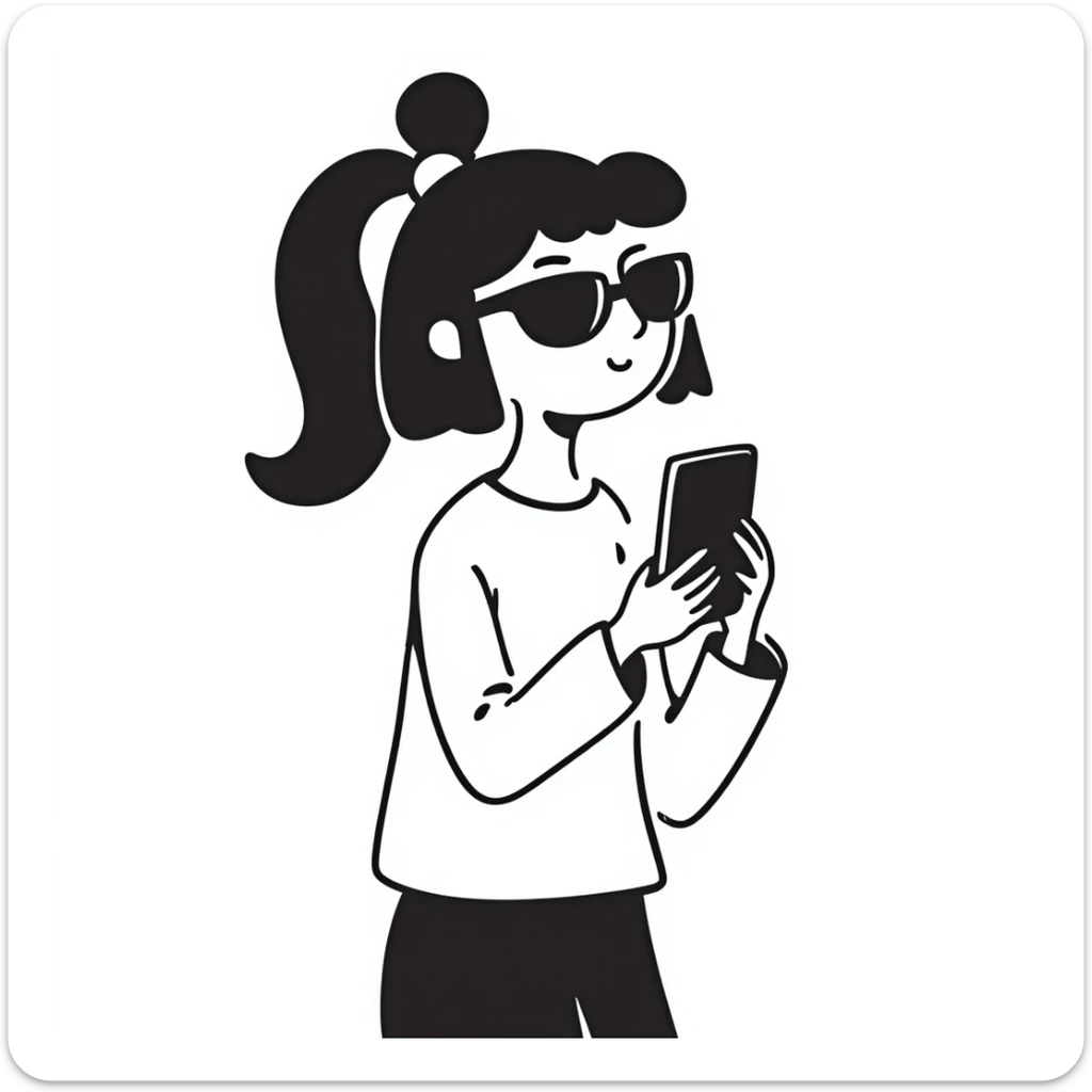 Girl with huge lips, sunglasses, bow on her hair, holding a phone with attitude sticker