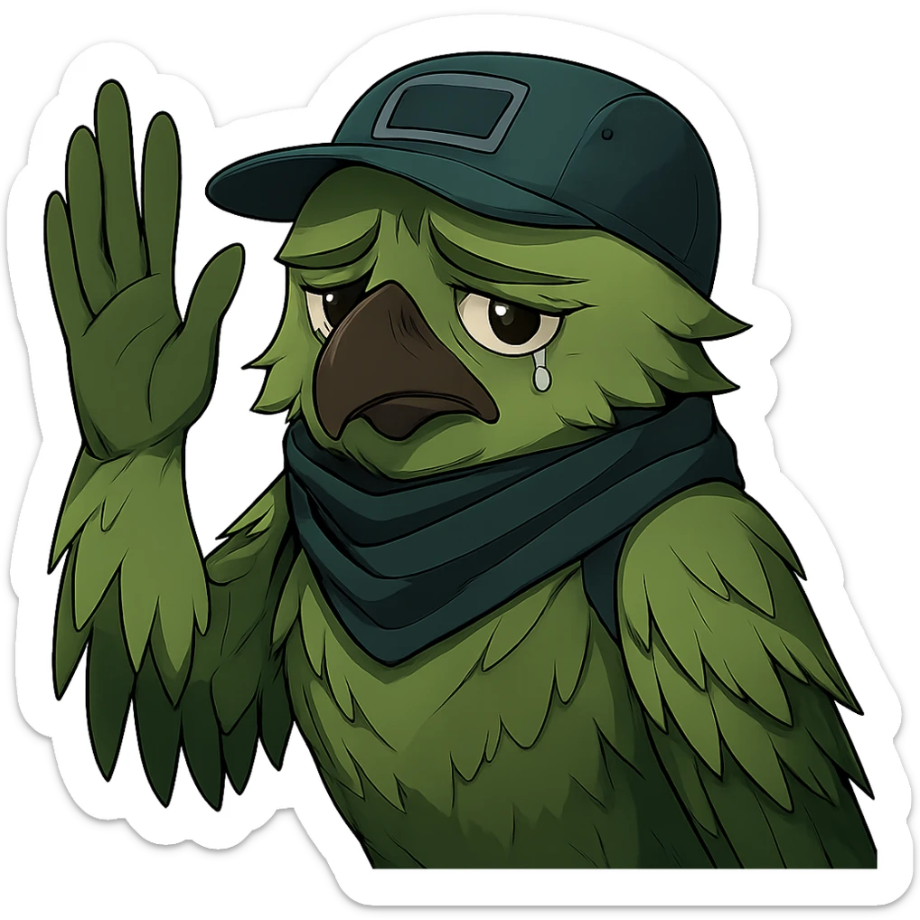 Make the anime style green bird inspired by Valorant agent Falko waving and looking sad, more detailed, with no background. Preserve the anime style and green bird characteristics. sticker
