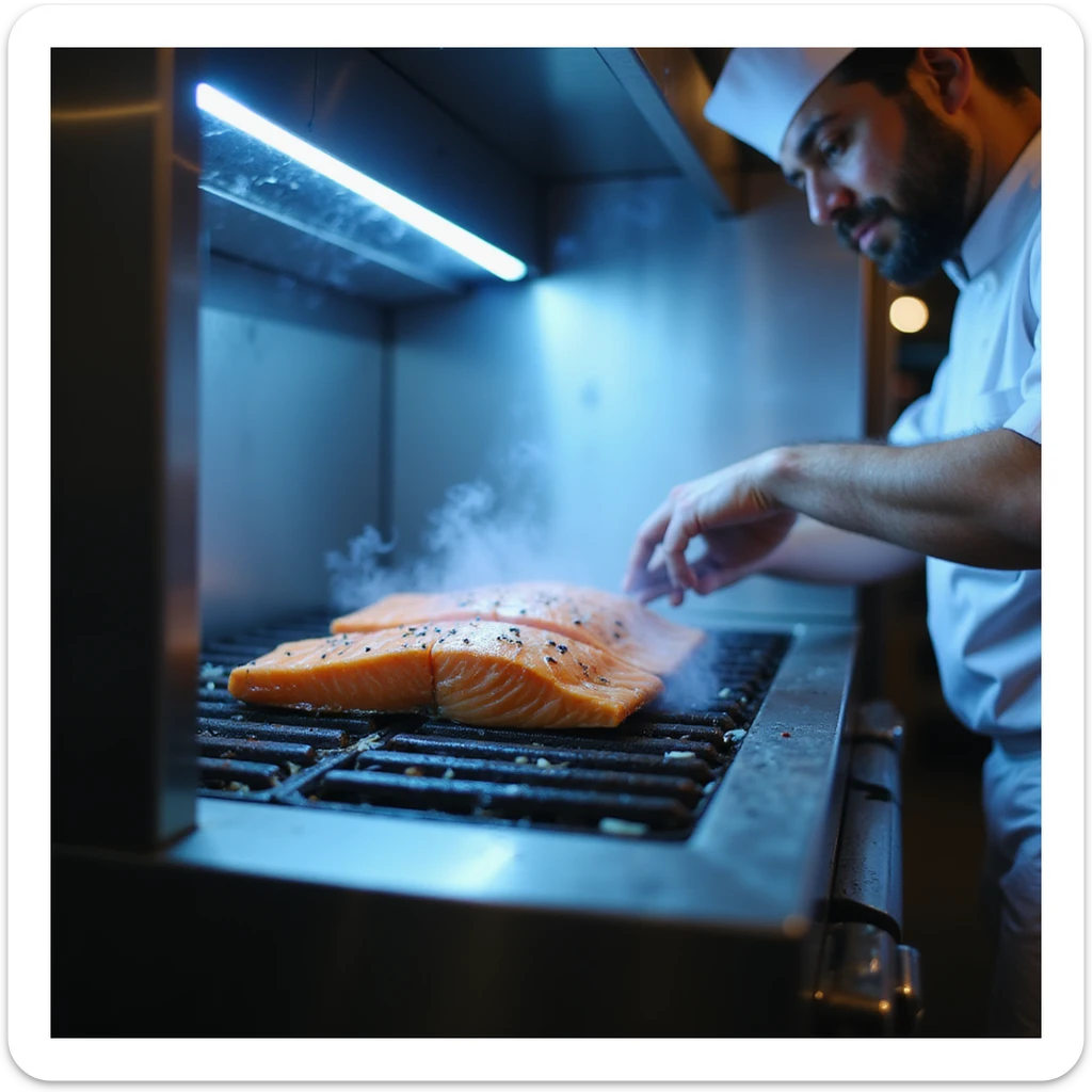 photographic 4K style image of chef in kitchen placing salmon fillets on a grill inside a blast chiller, with cold vapor and blue lights sticker