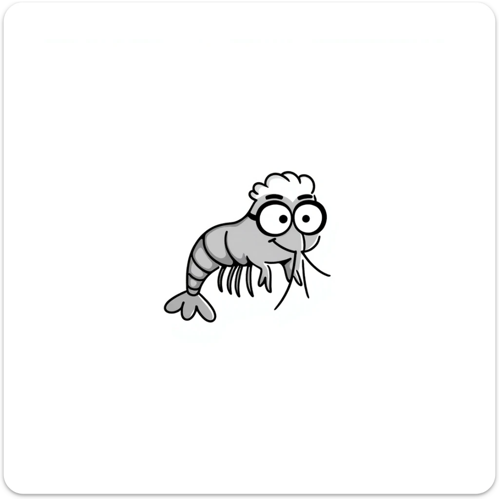 a little shrimp that is old with white hair and glasses, elderly shrimp character with white eyebrows and hair, wearing round glasses sticker