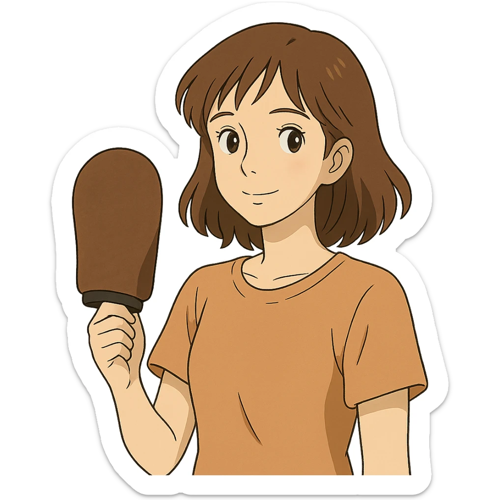 ghibli style pale skintone woman with brown hair holding a tanning mitt sticker