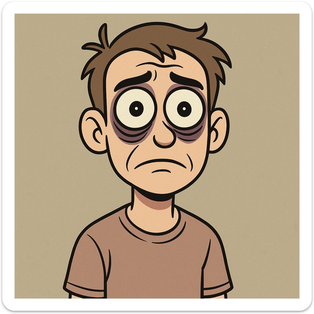 a cartoon of a regular person with exaggerated wide eyes and dark circles, clearly lacking sleep sticker