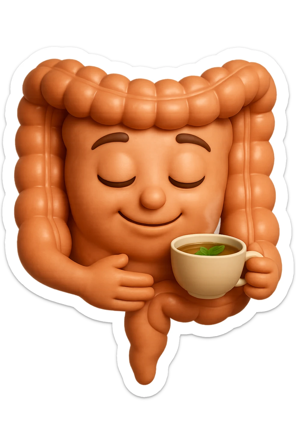 emoji stile iphone 3d di intestino umano sereno che si tocca la pancia mentre sorseggia un thè alle erbe, iperrealistico 4k sticker