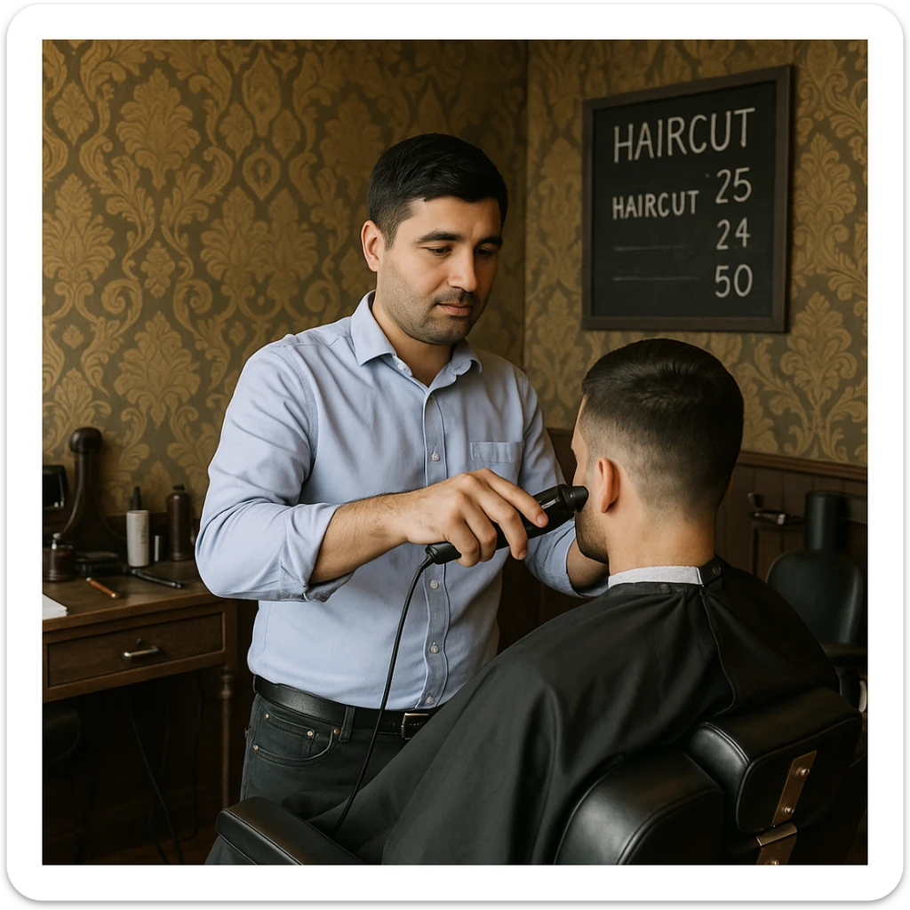 Draw me a picture of a barbershop that looks like this guy working in a barbershop. The barbershop doesn't have to be very modern. It should be on a medium floor. Also draw a blackboard on the wall. It should have the prices for haircuts there. sticker