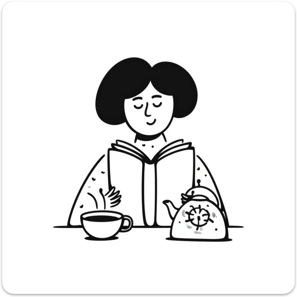 A person comfortably reading a book with a cup of tea nearby sticker