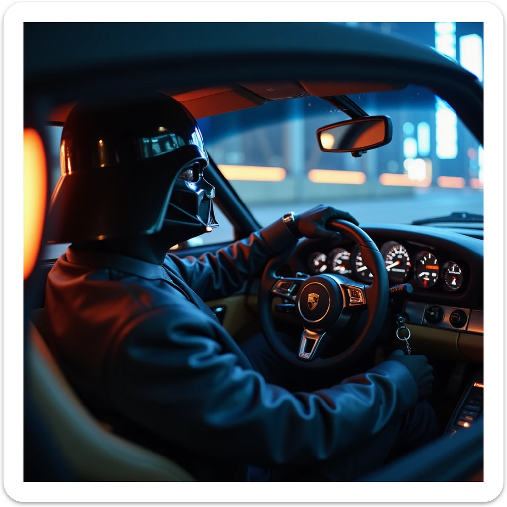 Cinematic shot of aDarth vader sitting in porsche 911, blue and orange lights  sticker