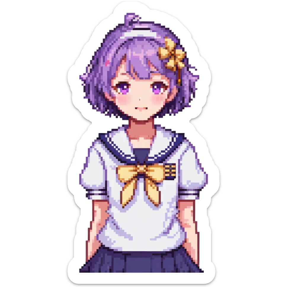 Pixel art anime schoolgirl with short bright purple hair in Japanese sailor uniform, standing with one hand on hip trying to look brave but shyly waving with pink blush across face sticker