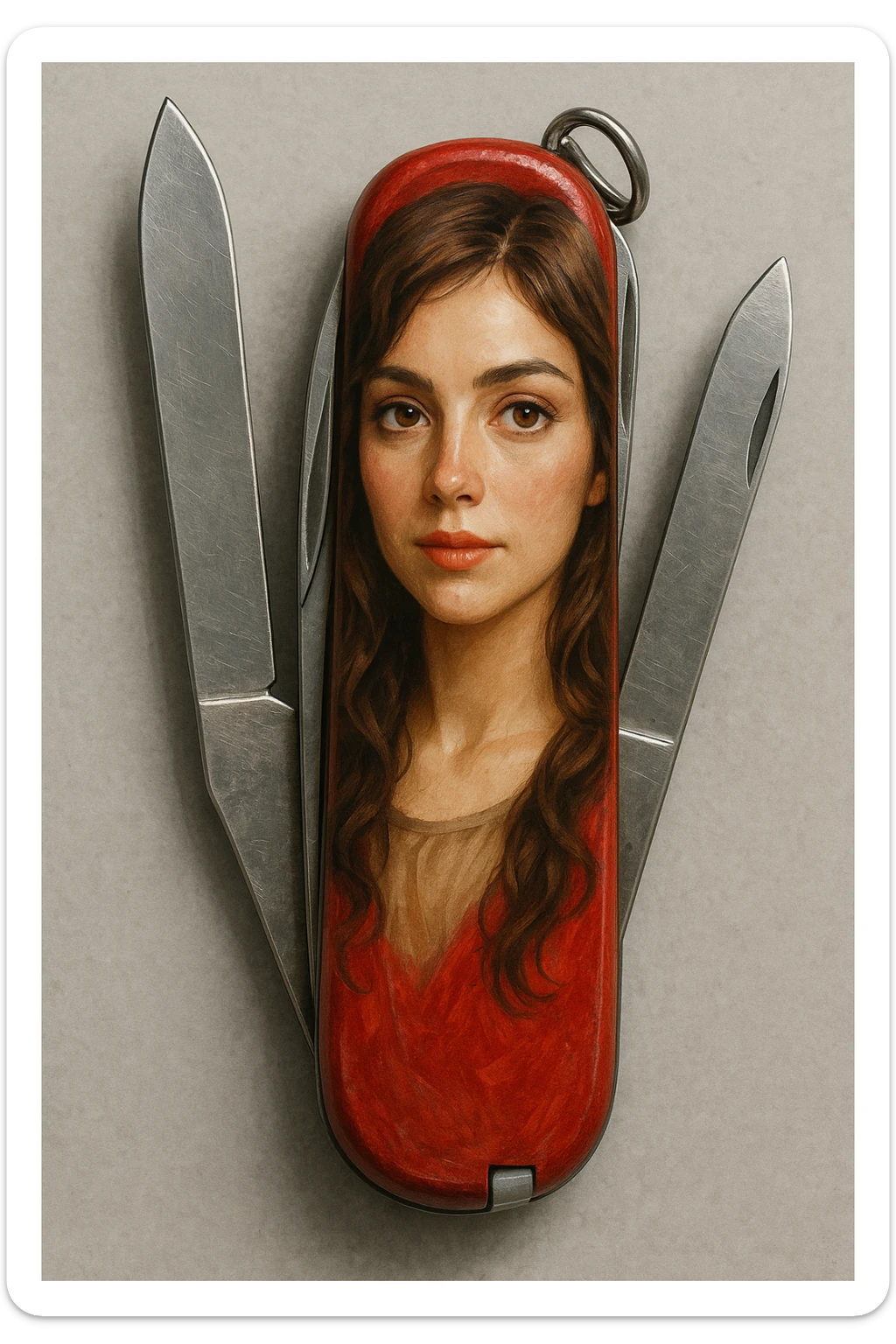 a detailed, character-focused illustration of a brunette woman with light brown eyes on a swiss army knife sticker