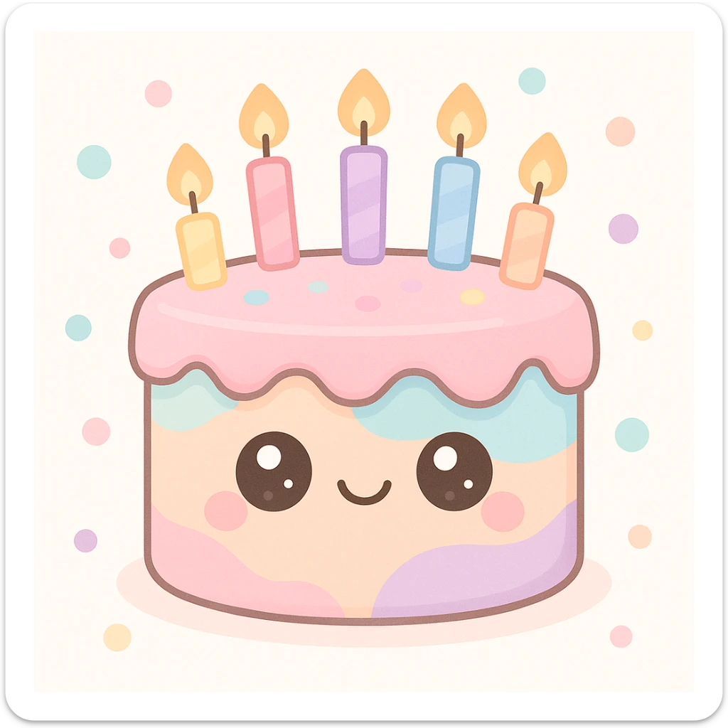 animated birthday cake, pastel colors, cute kawaii style, smiling face, candles sticker