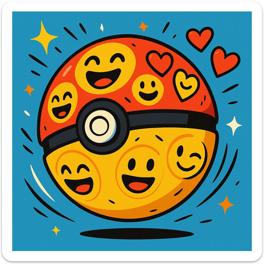 A Poké Ball decorated with various expressive emojis including smileys and hearts, lively animated style with motion lines and sparkles, dynamic and energetic sticker