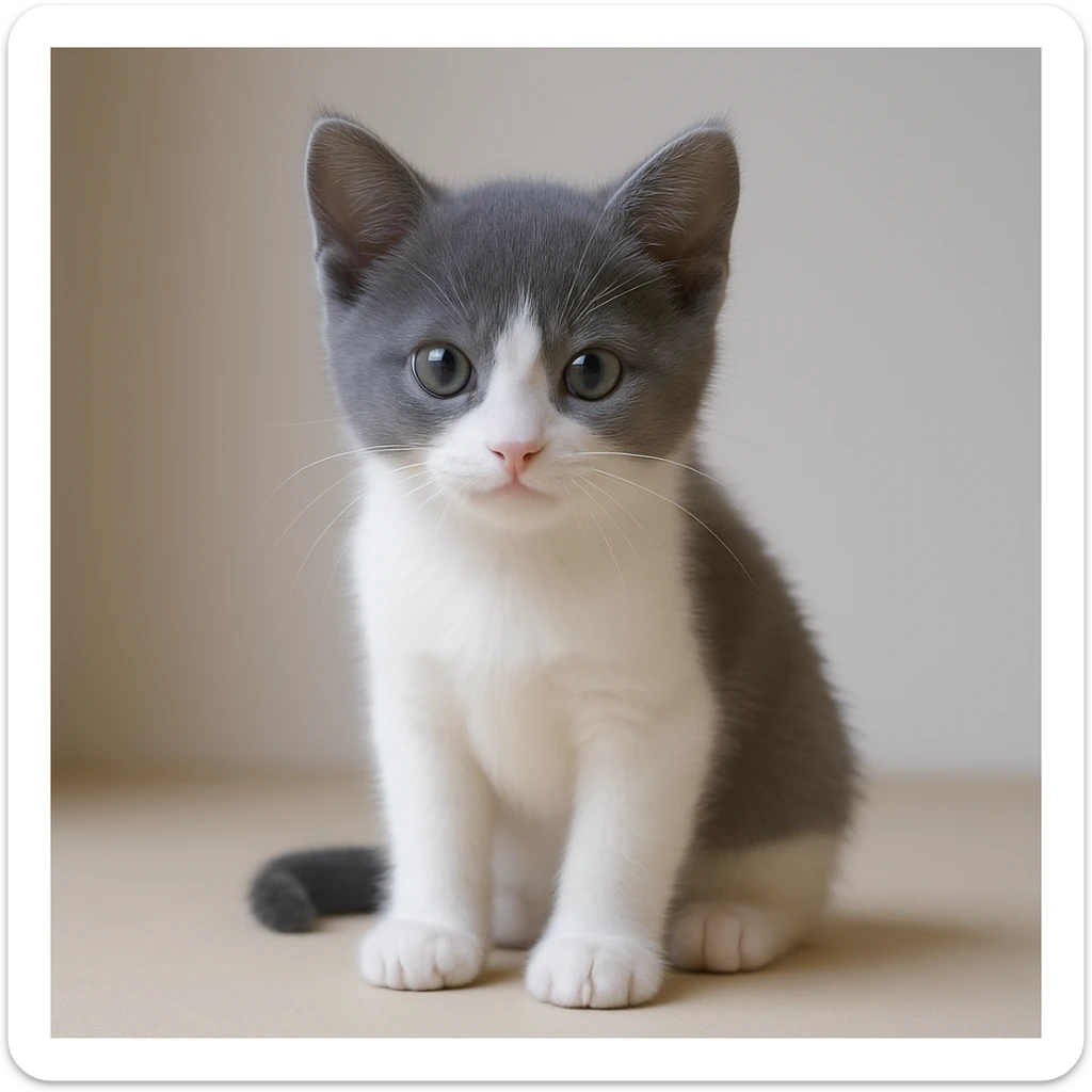 Make the cat look younger, like a kitten, with fur only gray on top and no stripes, white nose and underbelly, in a realistic and lifelike style. sticker