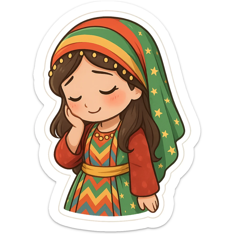 Cartoon sticker of a Kurdish woman wearing traditional colorful and cheerful Kurdish female clothing, face showing a shy expression, one hand on the cheek, head slightly down, no shadow or color halo around the image, no text, suitable for WhatsApp and Instagram, with a completely transparent background. sticker