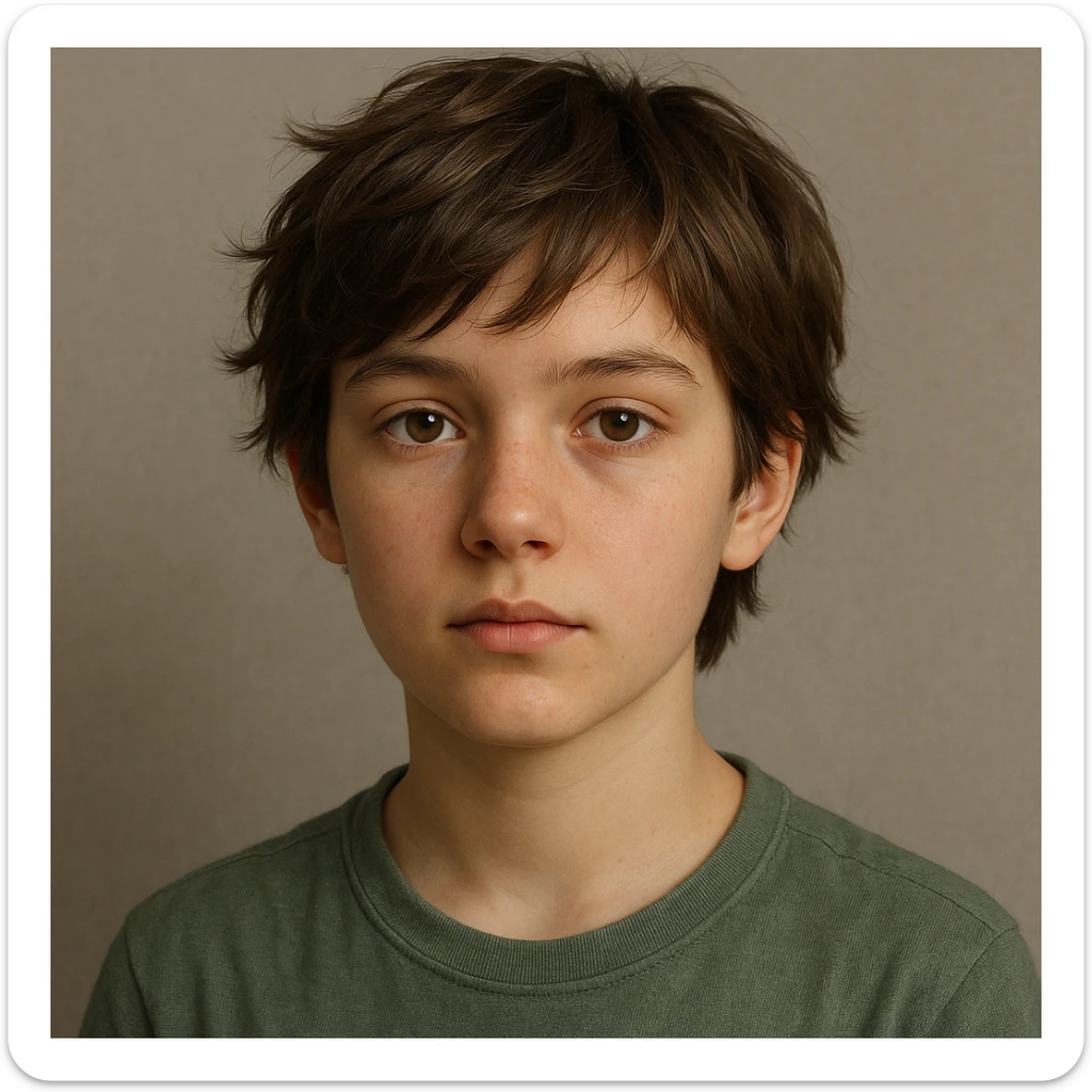 3D illustration of a young person with short tousled brown hair, light skin, neutral expression, realistic and detailed style, inspired by the reference image sticker