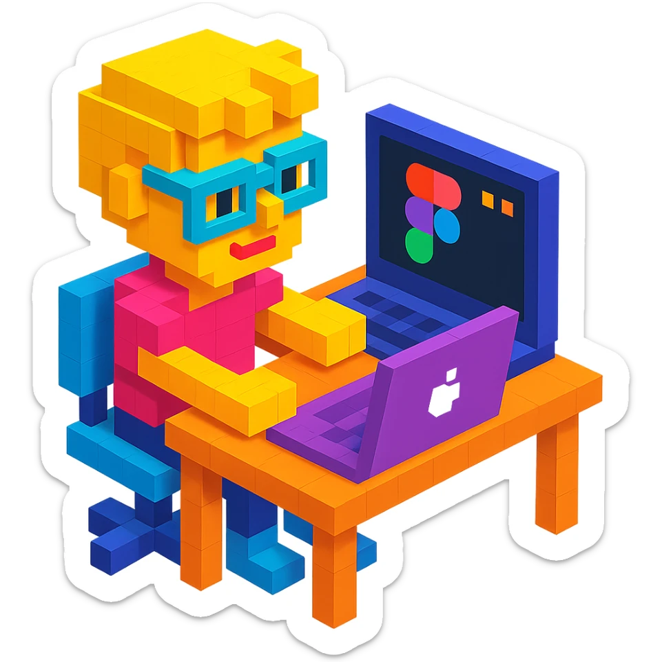 voxel style designer at desk with MacBook and Figma app open sticker