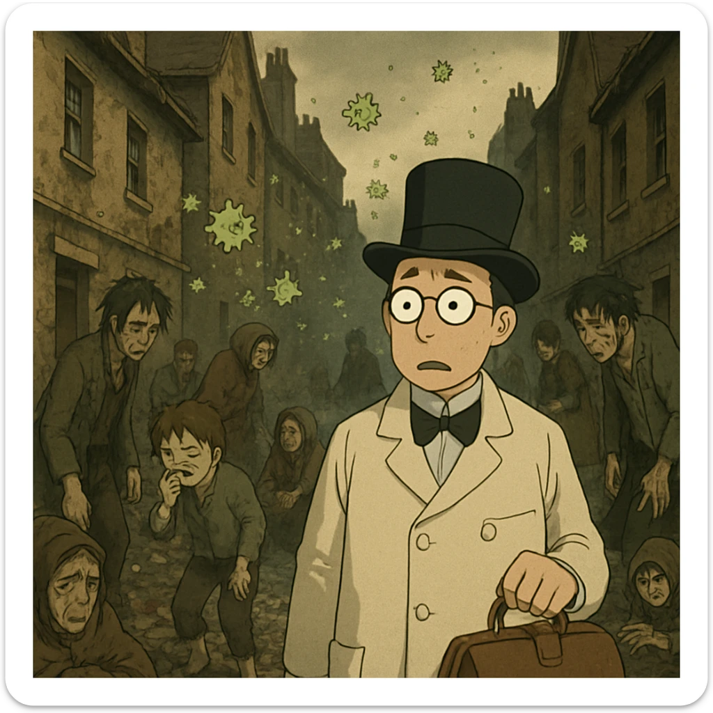 An early victorian slum area of London in the 1800s which is overpopulated, dirty and lots of waste on the floor.  There are ill looking people with germs in the air.  In the foreground is a confused looking doctor sticker