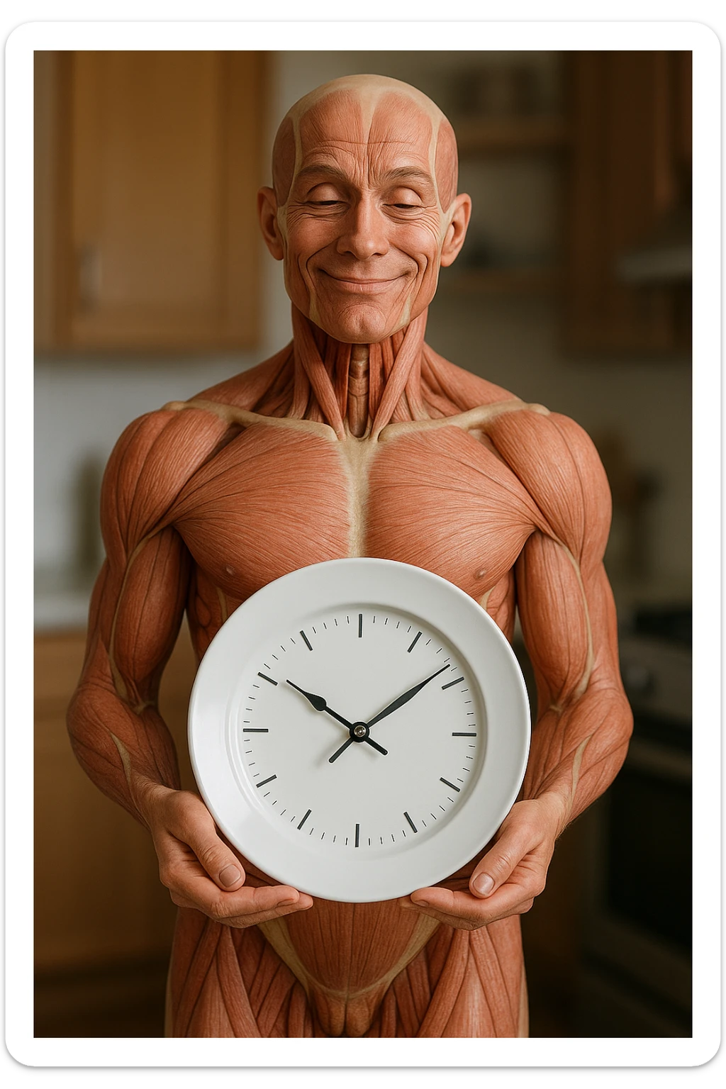 corpo umano anatomico, che tiene in mano un piatto bianco con la lancette di un orologio sopra, figura visibile fino ai fianchi, espressione del volto soddisfatta, sullo sfondo la sua cucina sfocata, iperrealistico 4k sticker