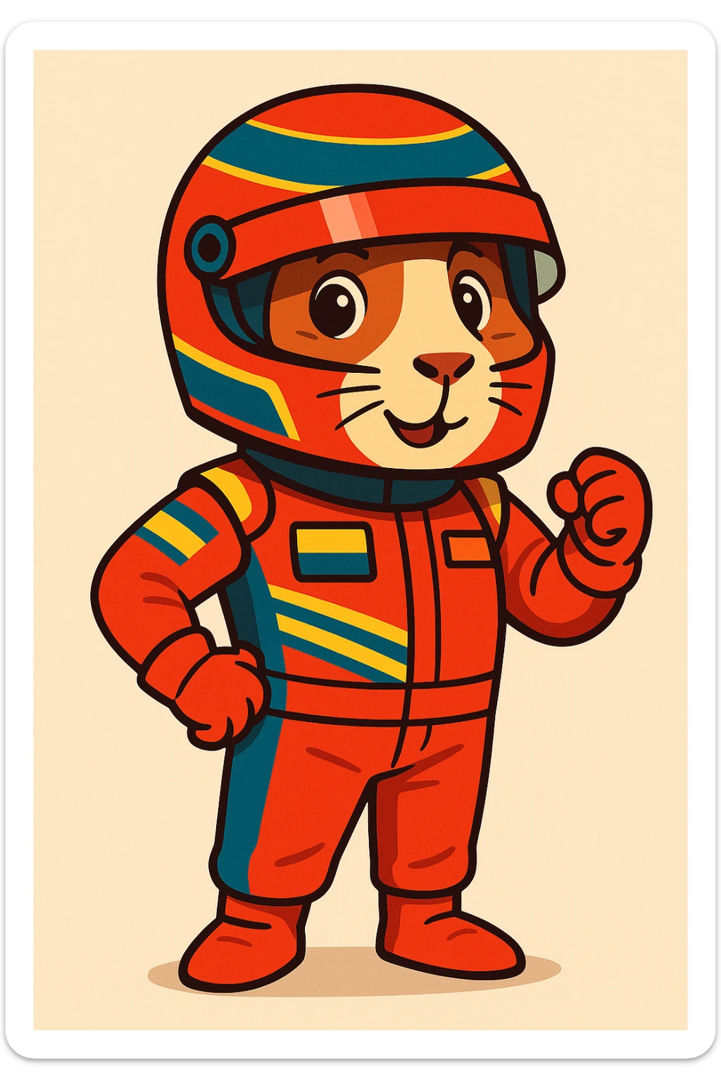 full-body cartoon guinea pig in Formula 1 racing suit and helmet, detailed sticker