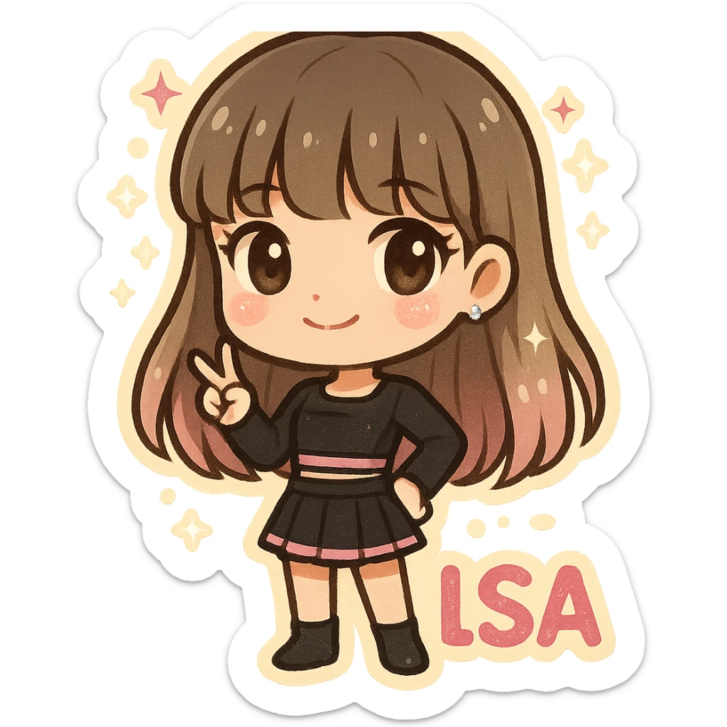 chibi sticker of Lisa from BLACKPINK, black and pink colors, cute and collectible style, with glitter and sparkles sticker