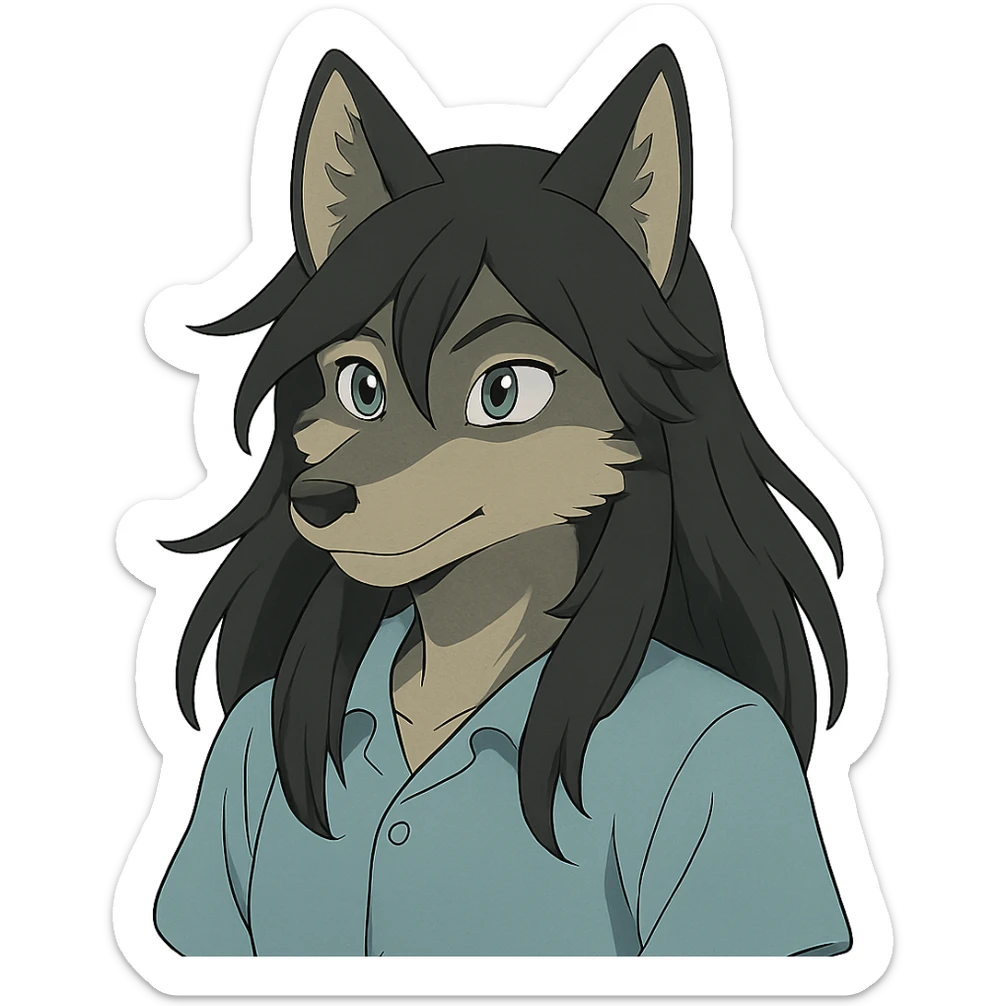 anime style wolf furry character with blue eyes, long black hair, wearing a light blue shirt sticker