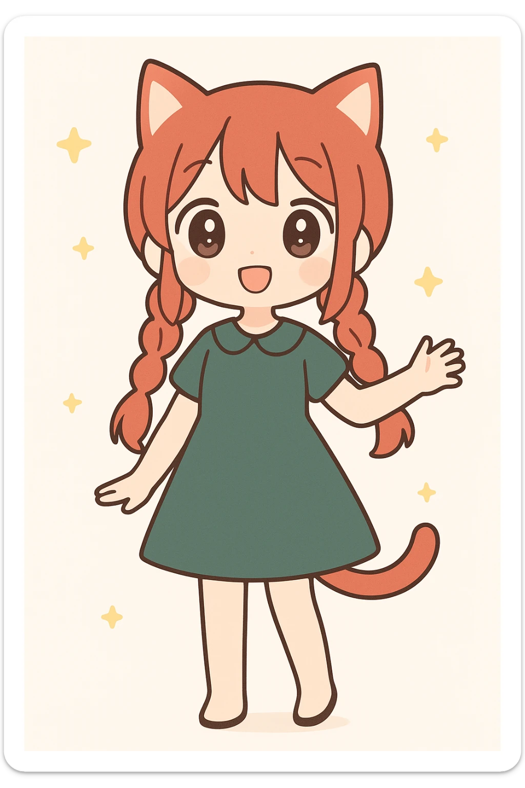 full body catgirl with red hair in twin braids, wearing a dark green dress, cute and expressive, anime style sticker