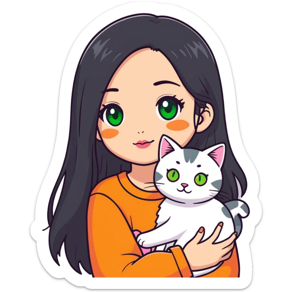 Girl with black lomg hair and brown eyes and makeup with pink pretty lips holding a cat with green eyes, with a face half grey and half orange and grey, white and orange spots sticker
