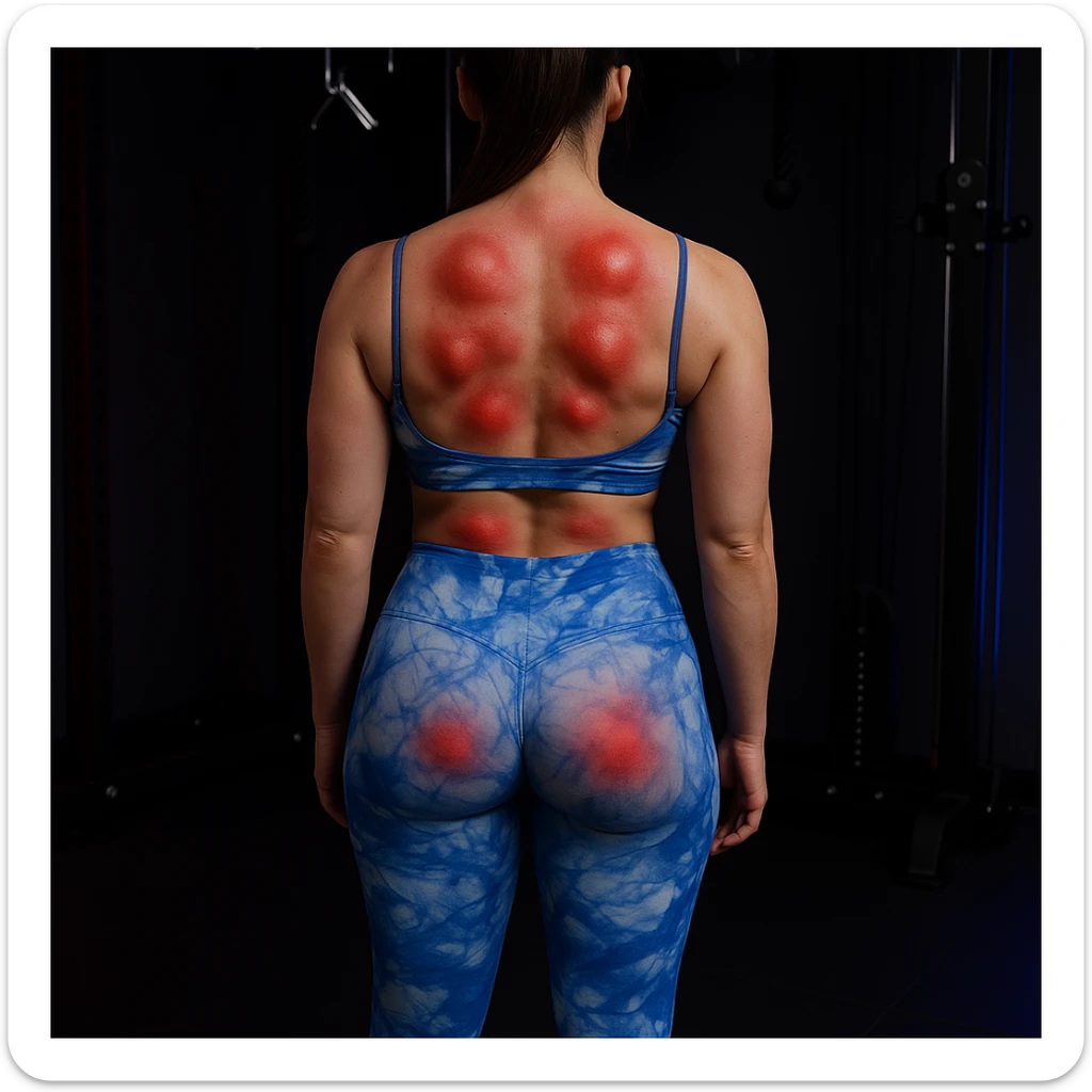 Hyperrealistic 4K image of a woman seen from the back in a gym environment, showing multiple muscle contractures as knots on both sides of her back, highlighted with red halos or swollen areas, detailed and realistic. sticker