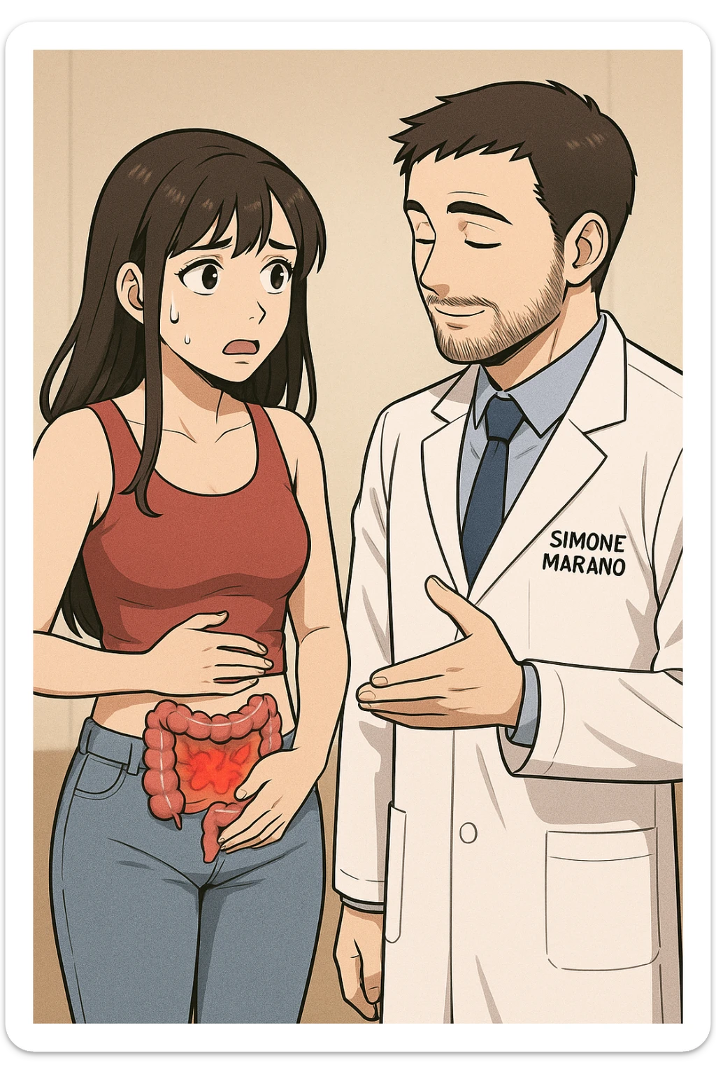 prendi spunto da questo stile di disegno e fai un webtoon/manga a colori con questo nutrizionista in camice bianco (fagli la scritta "SIMONE MARANO" SUL CAMICE) in piedi CHE PARLA CON UNA RAGAZZA in piedi accanto a lui. la ragazza GLI chiede UNA COSA preoccupata mentre si tocca la pancia e ha un intestino umano infiammato sulla pancia, e IL NUTRIZIONISTA CON IL CAMICE BIANCO le risponde mentre annuisce. la ragazza falla mora, con top rosso e jeans chiari, NON FARE I FUMETTI, FAI SOLO LORO COME SE DIALOGASSERO, falli a figura intera. la ragazza falla a sinistra e il nutrizionista a destra sticker