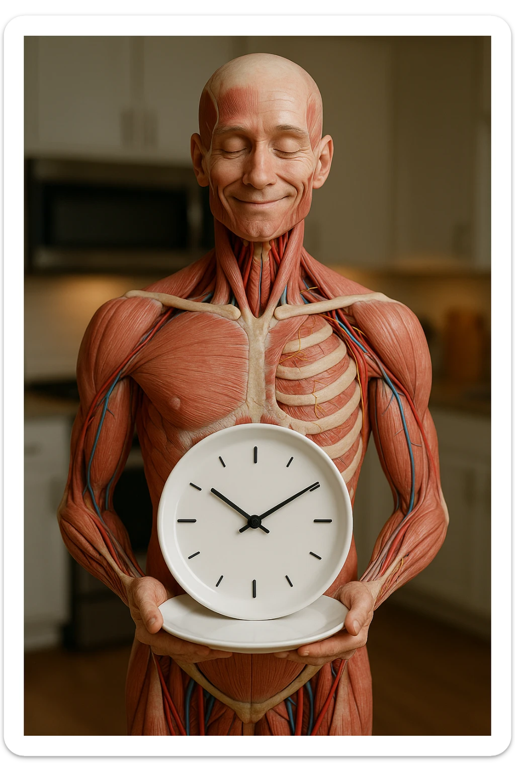 corpo umano anatomico, che tiene in mano un piatto bianco con la lancette di un orologio sopra, figura visibile fino ai fianchi, espressione del volto soddisfatta, sullo sfondo la sua cucina sfocata, iperrealistico 4k sticker