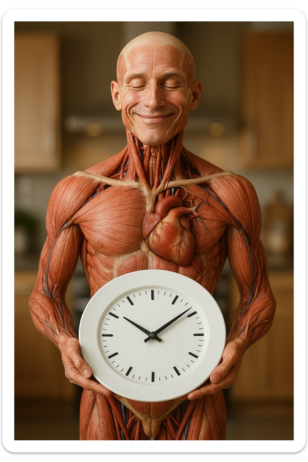 corpo umano anatomico, che tiene in mano un piatto bianco con la lancette di un orologio sopra, figura visibile fino ai fianchi, espressione del volto soddisfatta, sullo sfondo la sua cucina sfocata, iperrealistico 4k sticker