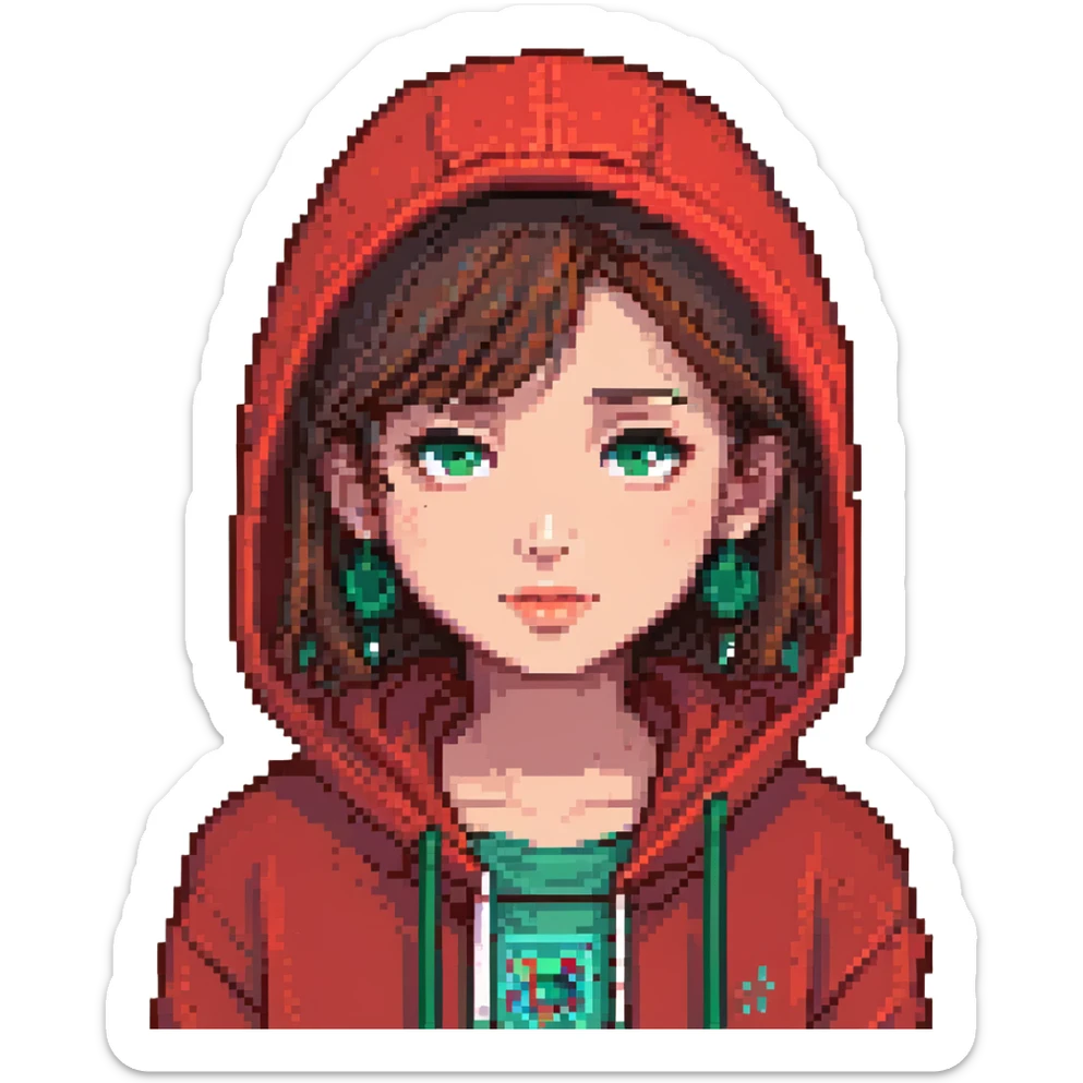 A pixel art girl with brown eyes, short brown hair without bangs, and a septum piercing, wearing a red hoodie. sticker