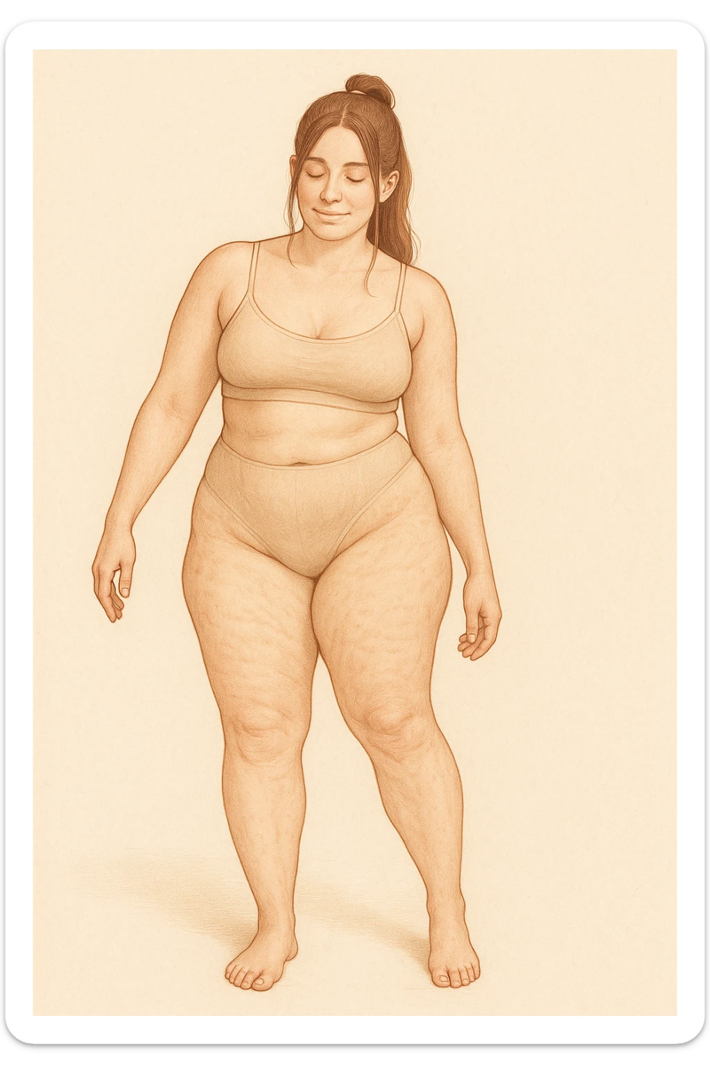 Realistic anatomical illustration of a woman with mild hip asymmetry, water retention, and cellulite, viewed in a soft, educational, body-positive way. sticker